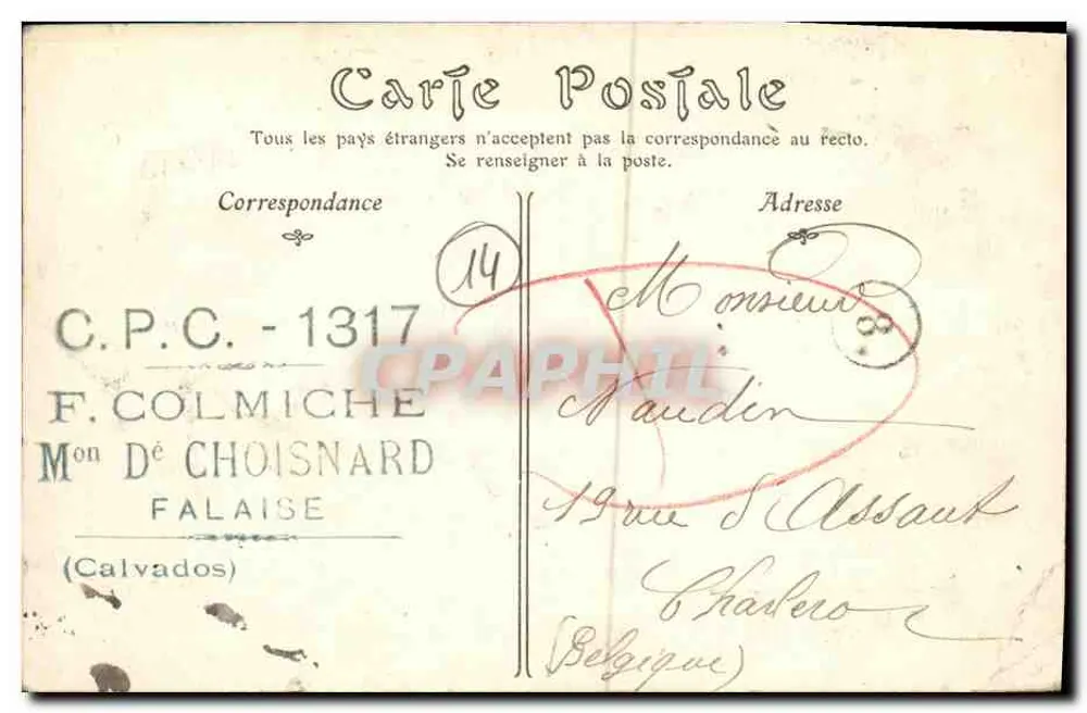 Falaise — Das Schloss, Ansicht vom Mont Myra — Verlag C.P.C. n°1317 - Rückseite