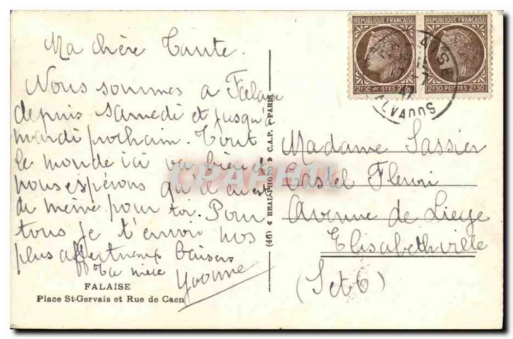 FALAISE — Rue St-Gervais und Rue de Caen — Ansicht vor und nach Kriegsschäden — Verlag REAL-PHONO - Rückseite