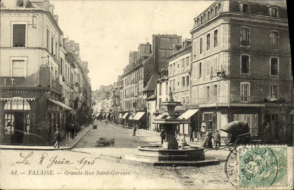 FALAISE — Grande-Rue Saint-Gervais avec fontaine — O. Jeanne, édit. - Vorderseite