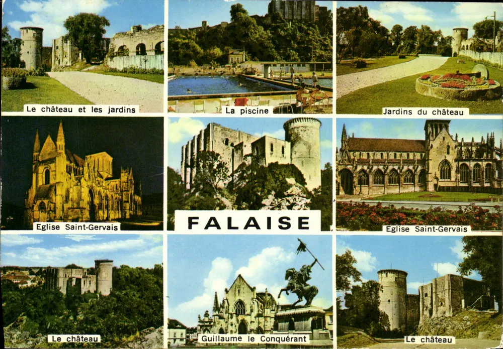 Falaise — vista panorâmica do castelo, jardins, piscina e igreja Saint-Gervais — editor Artaud Frères - Frente