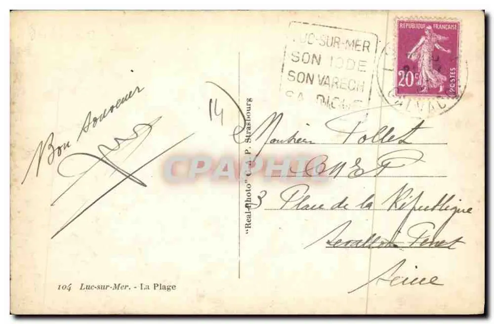 Luc-sur-Mer — A Praia — editor Real-Photo, n°104 - Verso
