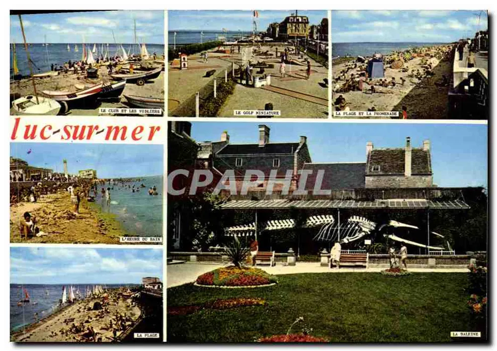 Luc-sur-Mer — vista panorâmica com o Clube e os barcos a vela, o mini-golfe, a praia e a promenade, a entrada da piscina e a baleia — Éditions Panazol - Frente