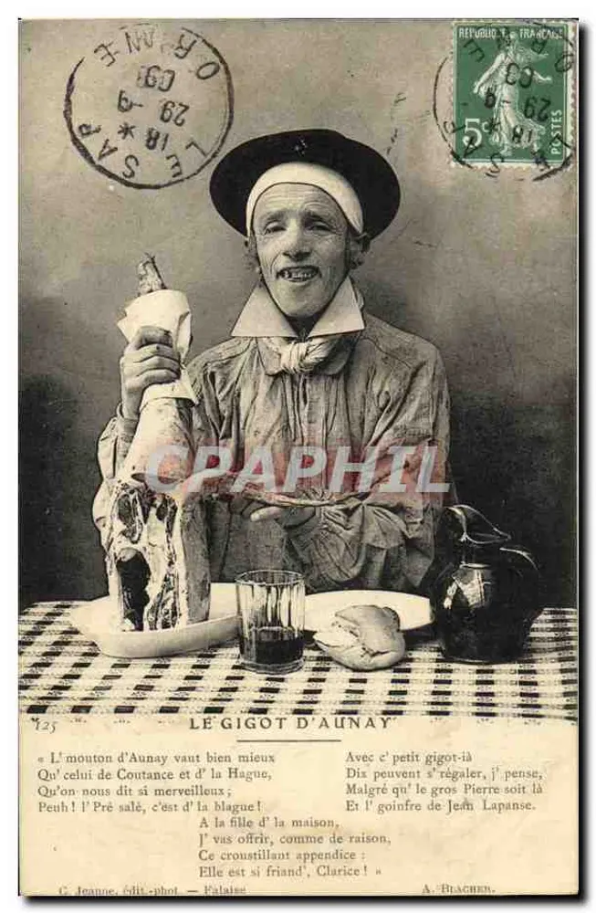 Der Schinken von Aunay — Karikatur eines Mannes in Bauernkleidung mit Schinken — Verleger G. Jeanne, Fotografie A. Blacher, Nr. 25 - Vorderseite