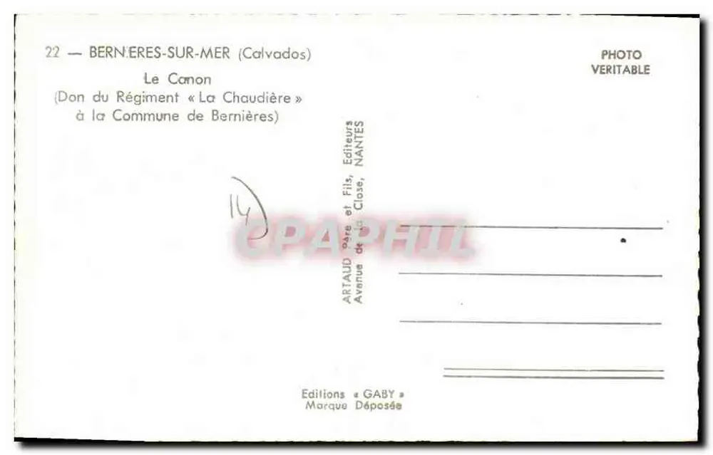 Bernières-sur-Mer — Kanone des Regiments « La Chaudière » — Éditions Gaby - Rückseite
