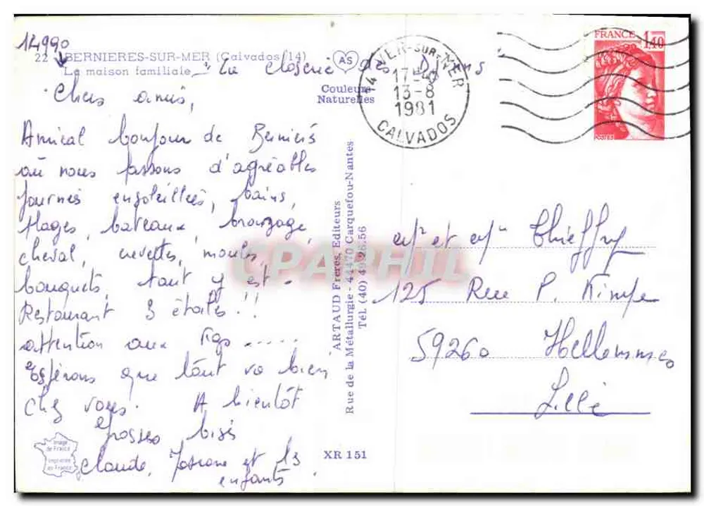 Bernières-sur-Mer — A casa familiar — Editor Artaud Frères - Verso