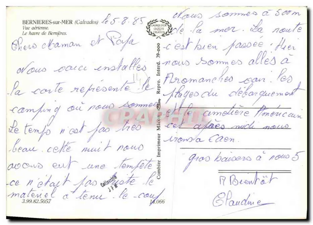 Bernières-sur-Mer — Luftbild des Campingplatzes und der Küstenlandschaft — Imprimerie Mâcon - Rückseite