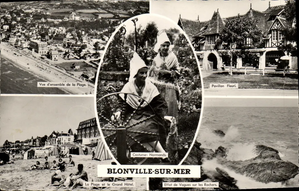 Blonville-sur-Mer — Vista geral da praia, trajes normandos, bandeira decorada, efeito de ondas — Éditions GABY - Frente