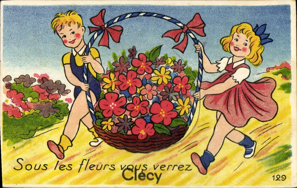Crianças carregando um cesto de flores — Clécy — Edições Gaby n°129 - Frente