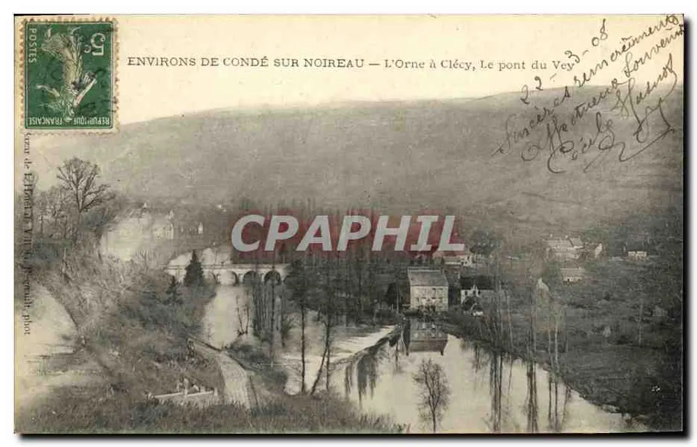 Alrededores de Condé sur Noireau — L'Orne en Clécy, El puente del Vey — Editor: E. Hébert, Villers-sur-Mer - Anverso