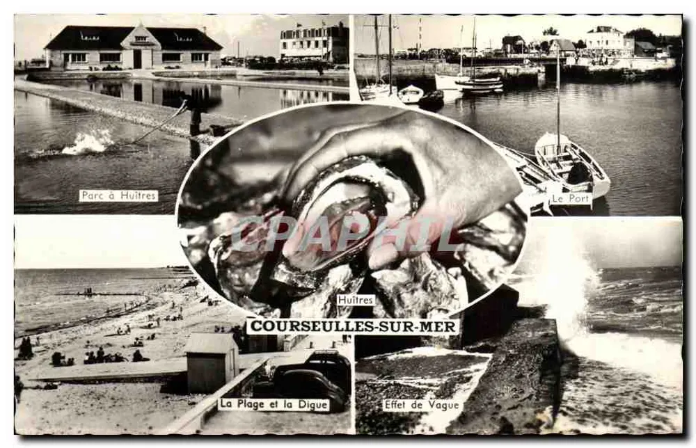 Courseulles-sur-Mer — Panoramablick mit Austern, Hafen und Strand — Éditions Gaby - Vorderseite