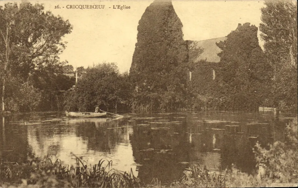 Cricquebeuf - A Igreja — ruínas cercadas por água e vegetação — editor A. Bera - Frente