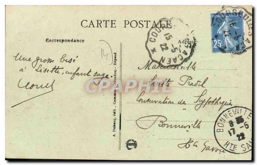La Délivrande - Grande-Rua — vista da rua com carro e pedestres — editor A. Dubosq, n° 263 - Verso