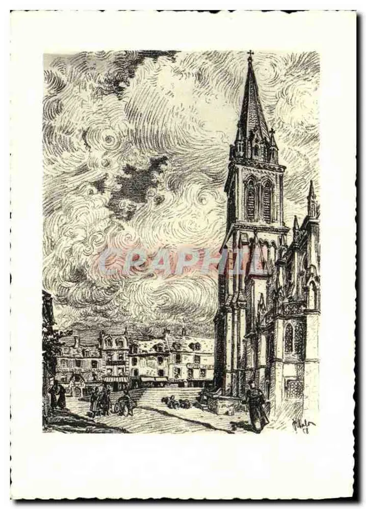 Nossa Senhora da Délivrande (Calvados) — Torre do Bourdon e o Parvis — Fusain de P. Chalon - Frente