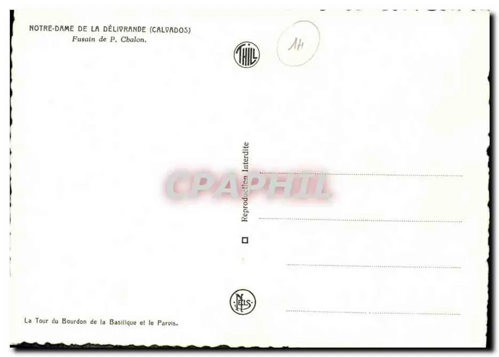 Nossa Senhora da Délivrande (Calvados) — Torre do Bourdon e o Parvis — Fusain de P. Chalon - Verso