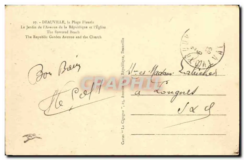 Deauville, a Praia Florida — O Jardim da Avenida da República e a Igreja — Cartas 'La Cigogne', Deauville - Verso