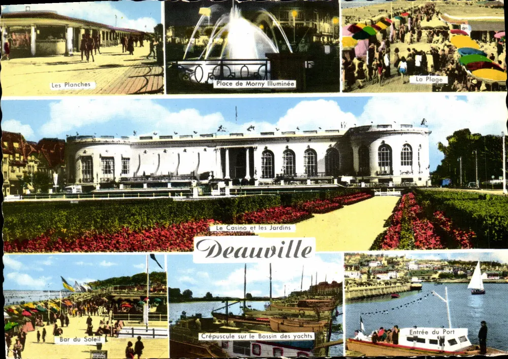 Deauville — Die Strände, beleuchtete Place de Morny, die Strände, das Casino und die Gärten, Bar du Soleil, Abendrot über den Yachthafen, Einfahrt zum Hafen — Verlag Color Cap, Nr. 7023 - Vorderseite