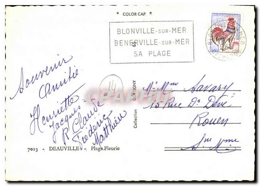 Deauville — Die Strände, beleuchtete Place de Morny, die Strände, das Casino und die Gärten, Bar du Soleil, Abendrot über den Yachthafen, Einfahrt zum Hafen — Verlag Color Cap, Nr. 7023 - Rückseite