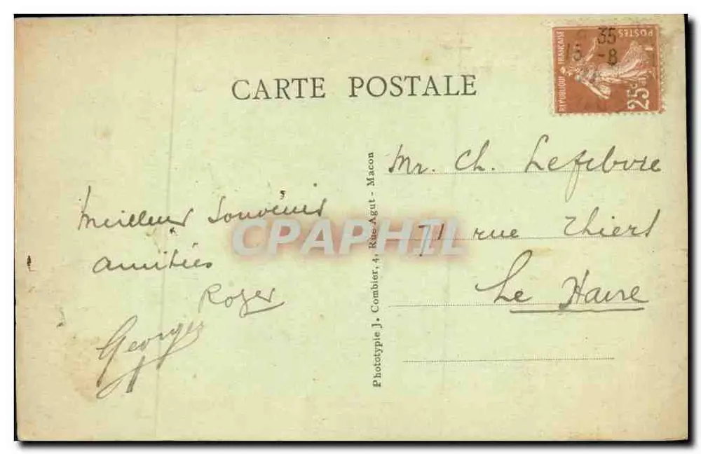 Deauville - Place Morny — Ansicht des Platzes mit Brunnen und Gebäuden — Phototypie J. Combier, 4, Rue Agut - Macon - Rückseite