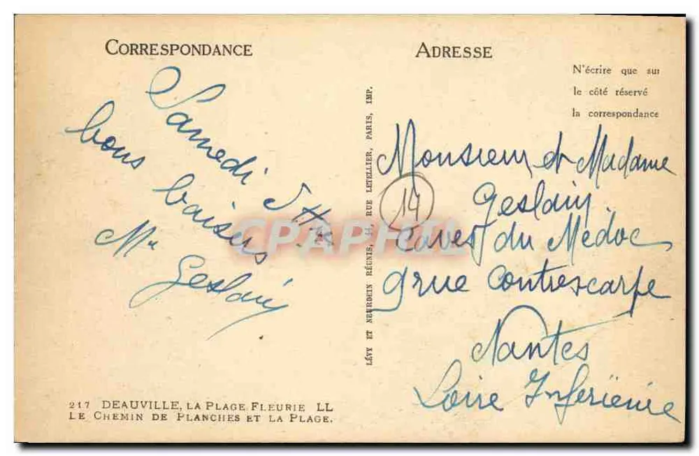 Strand von Deauville — Lebendige Ansicht des Kai und der Strandkabinen — Verlag: Lévy et Auberdin Réunis, Paris - Rückseite
