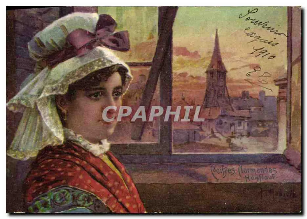 Kobieta w czapce z kwiatami — widok z Honfleur — Coiffes Normandes, Honfleur - Awers