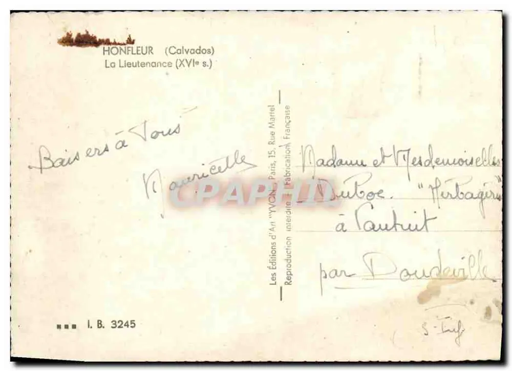 Honfleur — A Lieutenante (século XVI) — Edições de Arte 'YVON', Paris - Verso