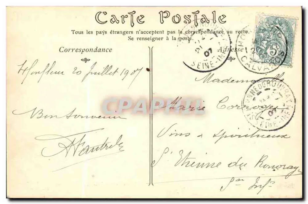 Honfleur — Ansicht des Hafeneingangs zur Zeit der Flut — Victor Dugres, Tabacs, 22 Rue Premord, Honfleur - Rückseite
