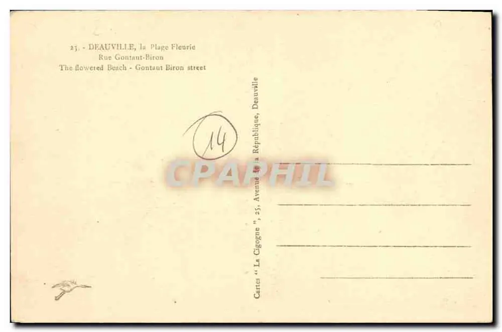 Deauville, Straße Gontaut-Biron — La Plage Flenrie — 'La Cigogne' Karten Nr. 25 - Rückseite