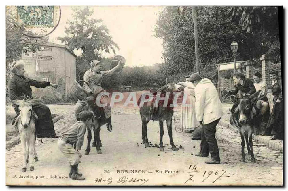 Robinson - Em Panne — cena de rua com jumentos — P. Javelle, fot., Robinson - Frente