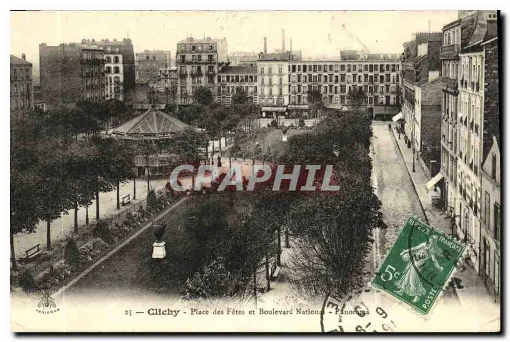 Clichy — Place des Fêtes und Boulevard National — Panorama — Verlag Soniecels, n°25 - Vorderseite