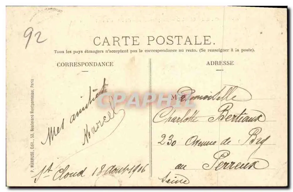 Parque de St-Cloud — Localização do Velho Castelo — P. Marmuse, Paris - Verso