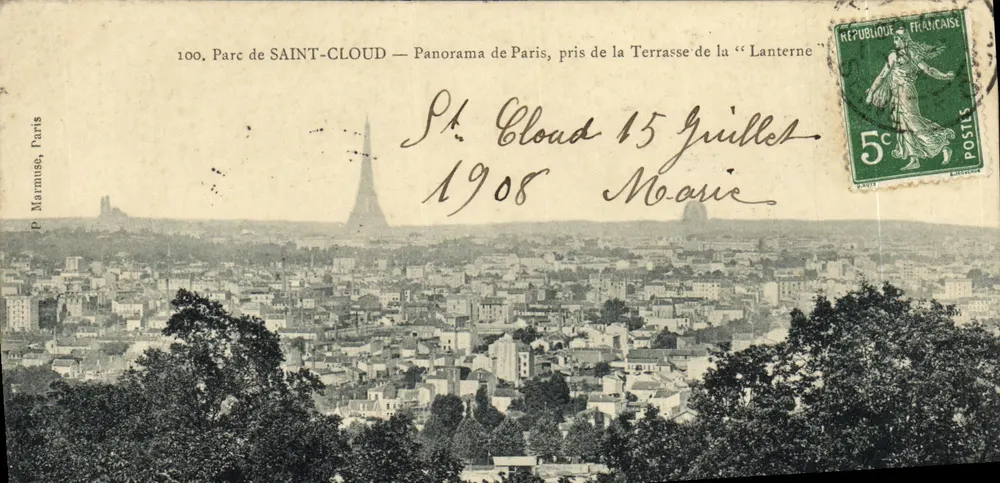 Parc de SAINT-LOUD — Panorama de Paris, pris de la Terrasse de la « Lanterne » — P. Marmuse, Paris, n°100 - Recto