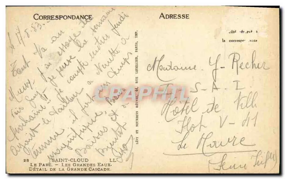 Saint-Cloud — Les Grandes Eaux — détail de la Grande Cascade — Lévy et Neubruch Réims, Imp. LL - Verso