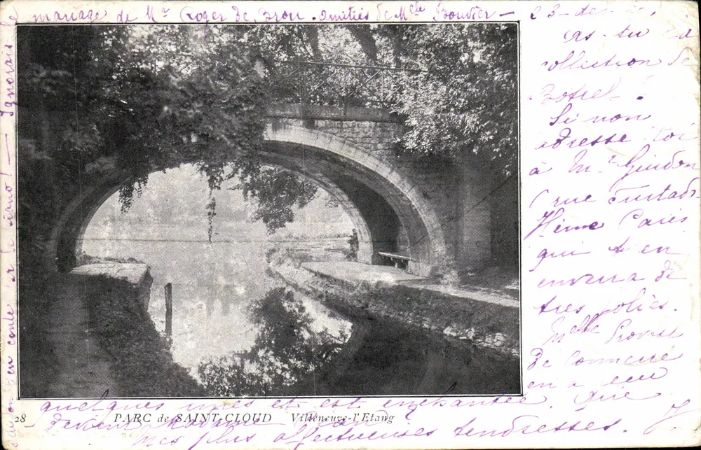 Parc de Saint-Cloud — Vue du pont sur l'étang à Villeneuve-l'Étang — Ch. Maïndron, éditeur à Saint-Cloud - Frente