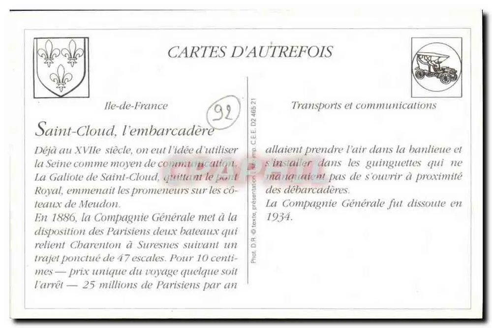 Saint-Cloud — 80 — A Seine e o Embarcadère — Editor: Cartes d'Autrefois - Verso