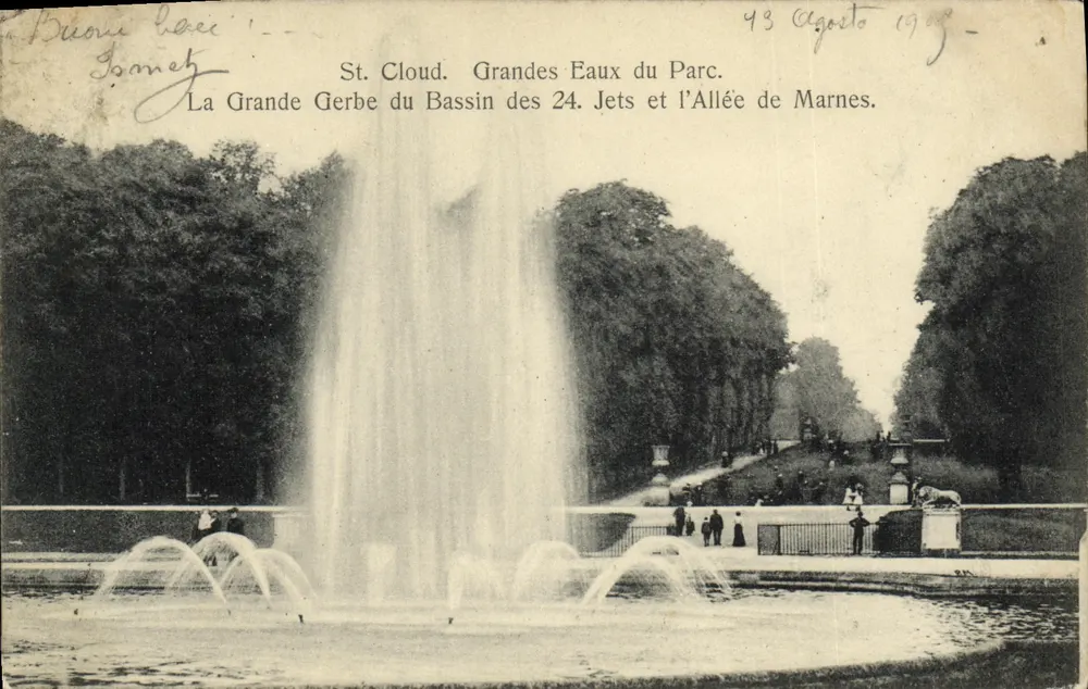 St. Cloud. Große Wasserstätten im Park. Die Große Gerbe des 24-Jet-Bassins und die Marnes-Allee. - Vorderseite