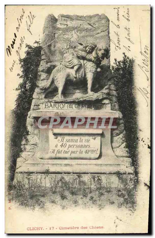 Monumento a Barry (do G. S. Bernard) — Cemitério dos Cães, Clichy — P. M. A. L. - Frente