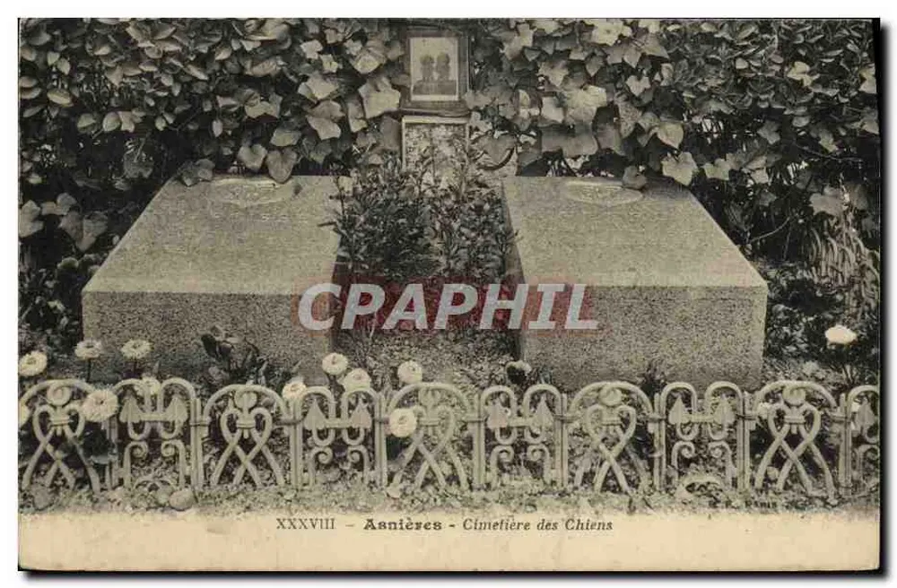Asnières - Cemitério dos Cães — vista de duas lápides cercadas de vide e uma grade decorada - Frente