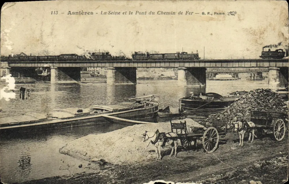 Asnières — Die Seine und die Eisenbahnbrücke — B. F., Paris - Vorderseite