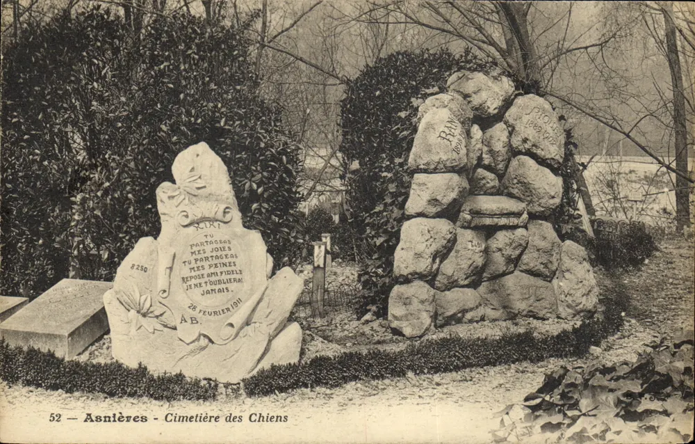 Asnières - Cemitério dos Cães — stele funerária e monumento em pedra — editor Unis-France, n°52 - Frente