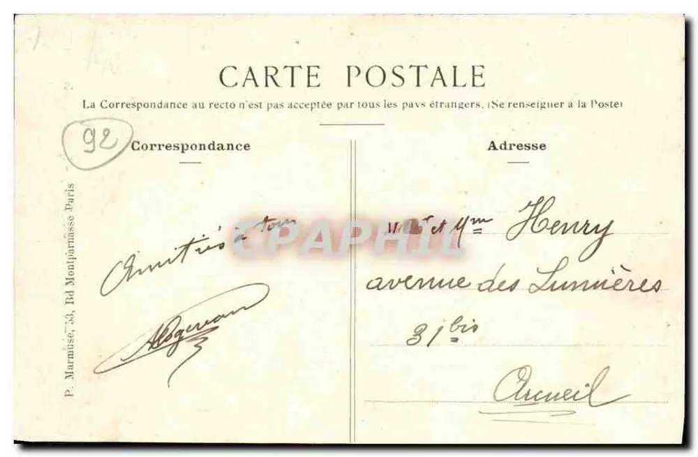 Meudon - Porta Fleury - Entrada do Bosque — editor P. Marmisse, 33, Av. Montparnasse, Paris - Verso