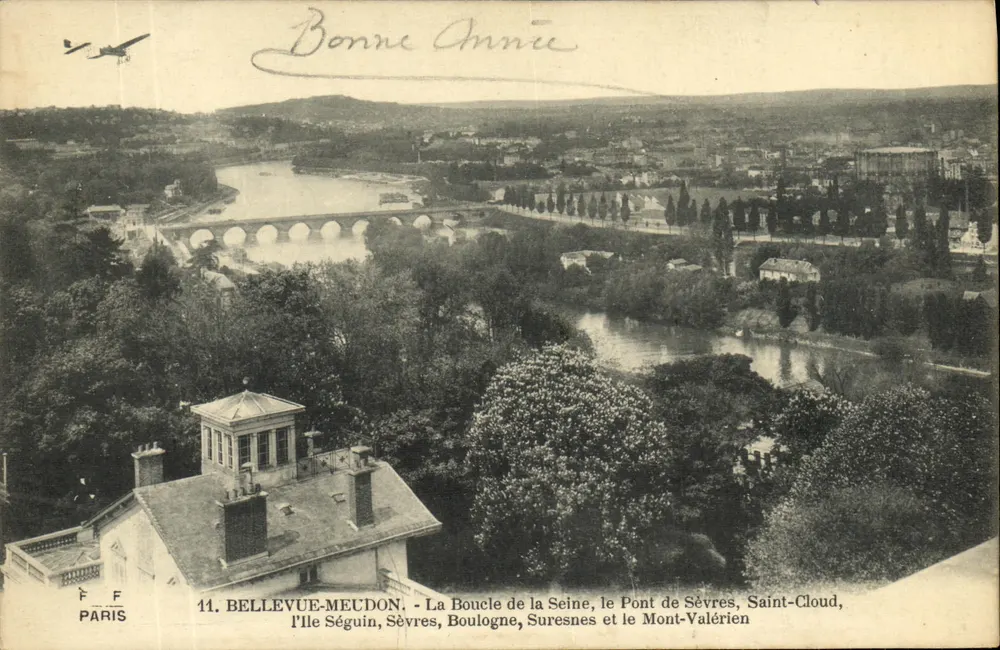 Bellevue-Meudon — A Curva da Sena, o Ponte de Sèvres, Saint-Cloud, a Ilha Séguin, Sèvres, Boulogne e o Mont-Valérien — E. Fleury, fot. Imp.-édit., Paris - Frente