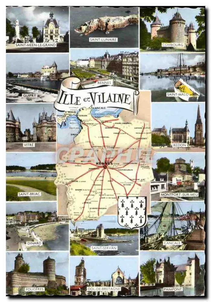 Ille-et-Vilaine — Carta postal panorâmica com mapa e vignettes — Edição Gaby, Artaud Frères, Nantes - Frente