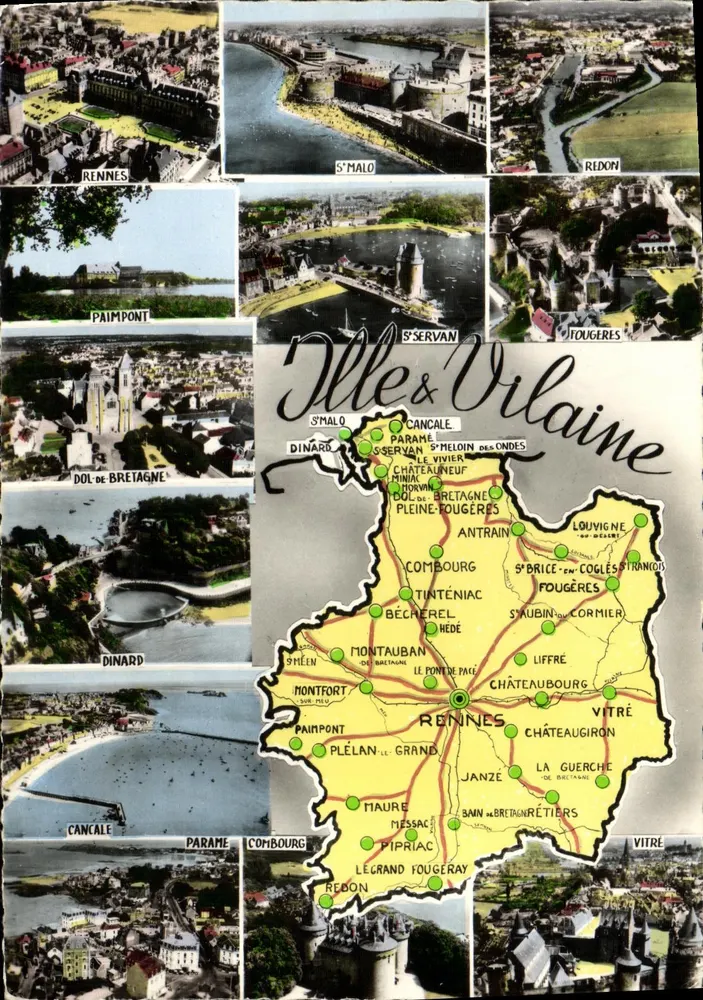 Ilhas e Vilaine — Carte postale turística com colagem de vistas aéreas e mapa da região - Frente