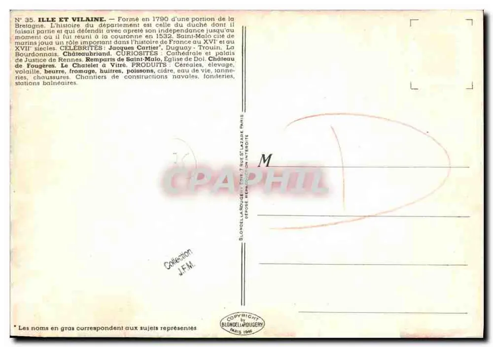Ille-et-Vilaine — cartão postal ilustrado — editor Blondell Rougery, n°35 - Verso