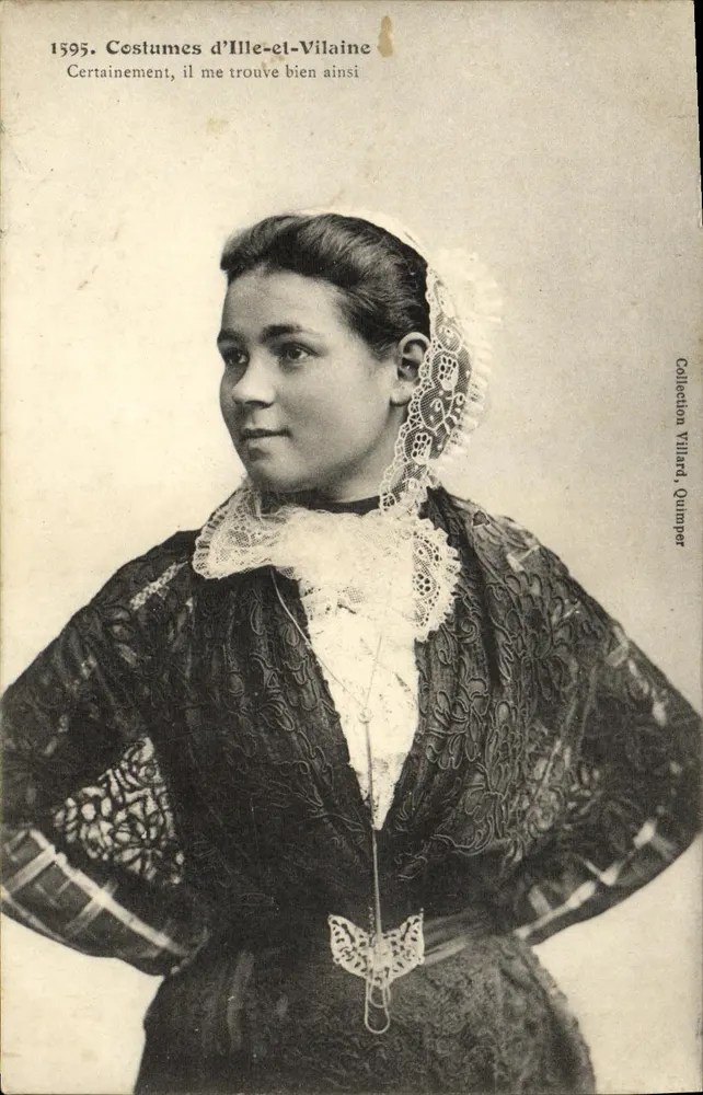 Kleidung von Ille-et-Vilaine — Frau im traditionellen Kleid mit besticktem Schleier — Collection Villard, Quimper - Vorderseite