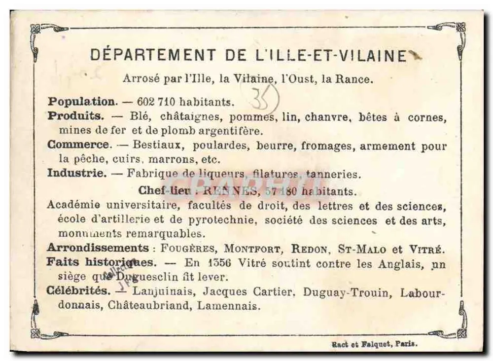 Departamento da Ille-et-Vilaine — Rennes — Editor: Ract et Falquet, Paris - Verso