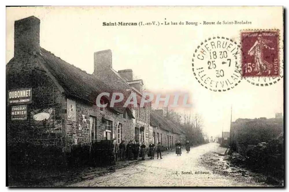 Saint-Marcan (I.-et-V.) - Le bas du Bourg - Route de Saint-Broladre — J. Sorel, éditeur, Rennes - Recto