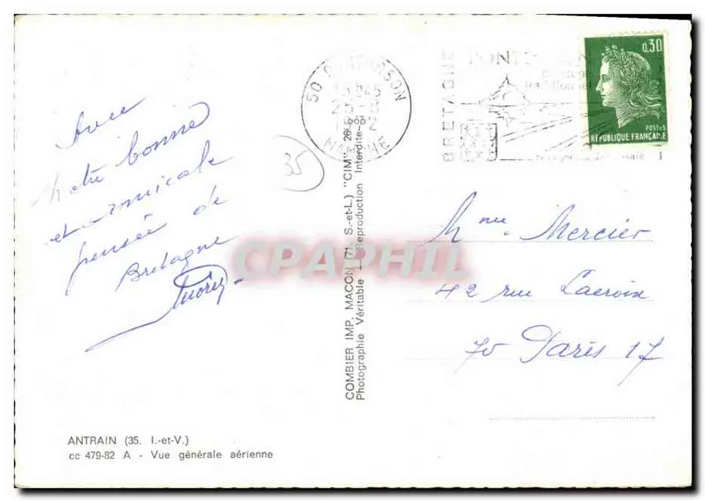 Antrain (35) — Vue générale aérienne — Gombier Imp. Macón - Verso