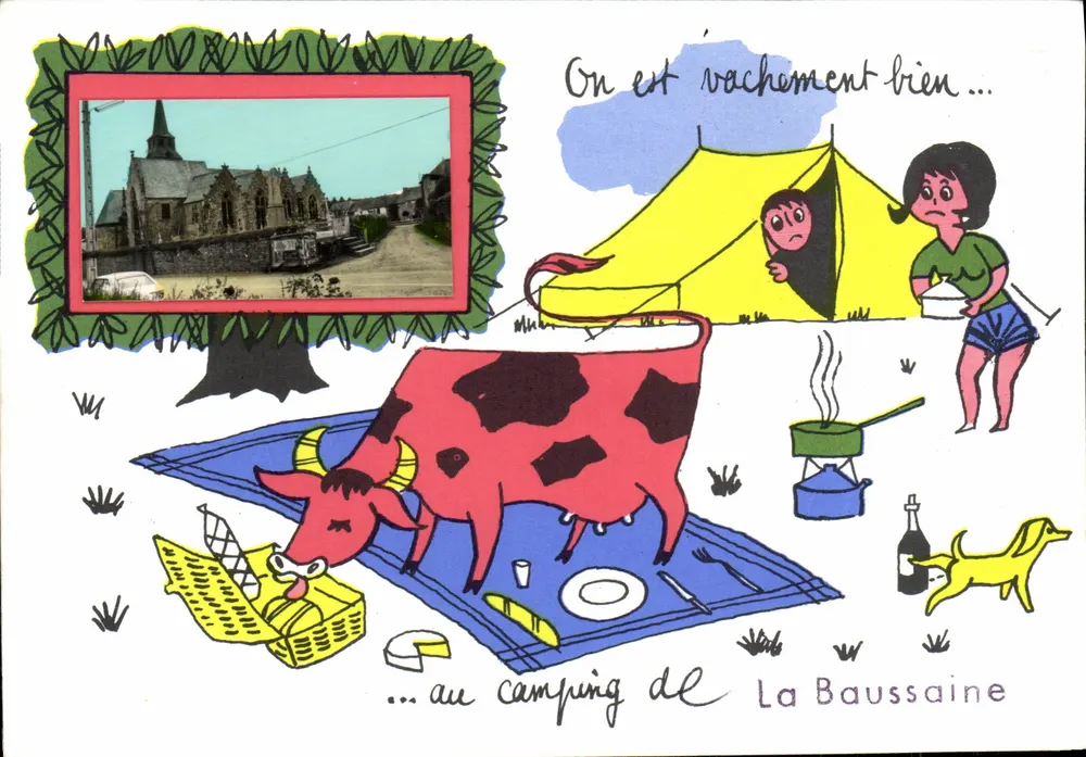 Camp de La Baussaine — acampamento — ilustração humorística com vaca e cena de acampamento - Frente