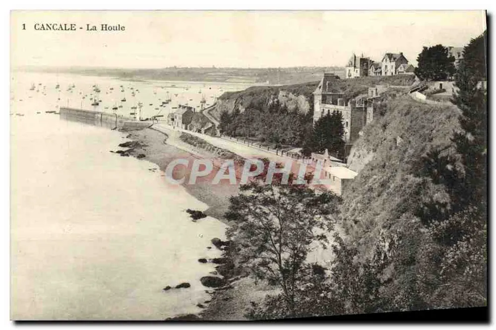 Cancale - La Houle — vista do porto e das casas na falésia — editor Au Rhédiére, SI Malo, n° 1 - Frente